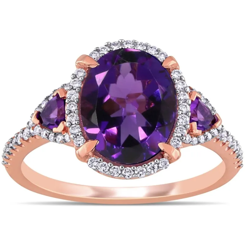Miadora 14k Rose Gold African-Amethyst and 1/4ct TDW Diamond 3-Stone Halo Ring sold by Zulily