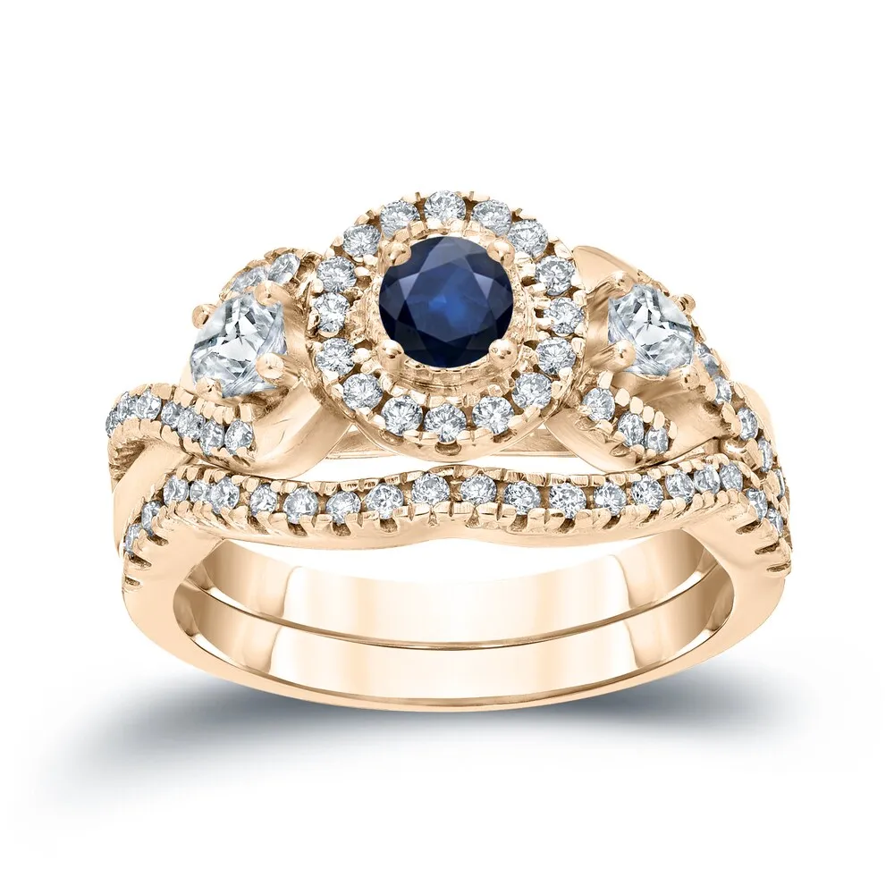 14k Gold 1/5ct Sapphire and 3/5ct TDW Halo Diamond Engagement Ring Set by Auriya sold by Zulily product image thumbnail 2