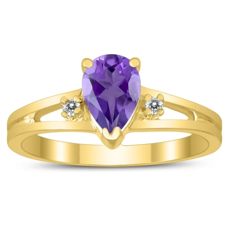7X5MM Amethyst and Diamond Pear Shaped Open Three Stone Ring in 10K Yellow Gold sold by Zulily