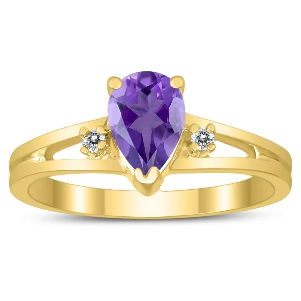 7X5MM Amethyst and Diamond Pear Shaped Open Three Stone Ring in 10K Yellow Gold sold by Zulily