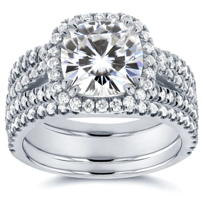 Annello by Kobelli 14k White Gold 3ct TGW Moissanite and Diamond Cushion Halo Split Shank Bridal Rings Set (3pc Set) sold by Zulily