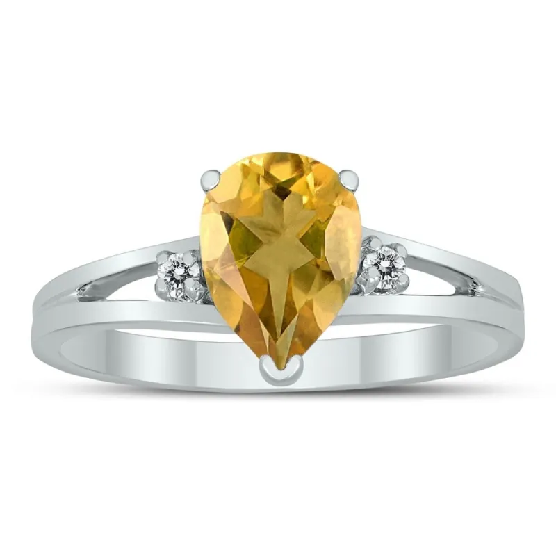 8X6MM Citrine and Diamond Pear Shaped Open Three Stone Ring in 10K White Gold sold by Zulily