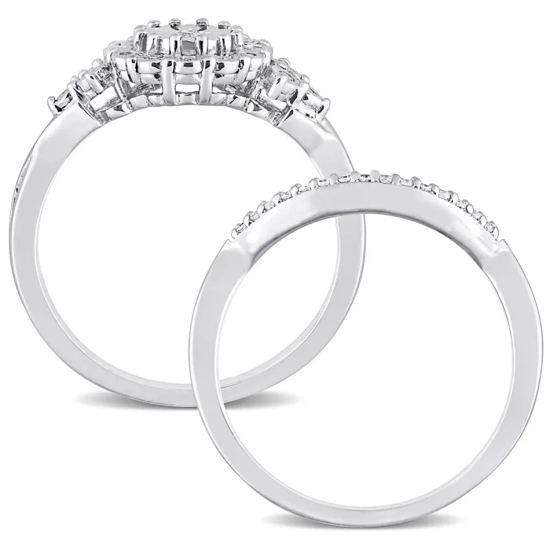 Miadora Sterling Silver 1/5ct TDW Diamond Floral Halo Wedding Ring Set sold by Zulily