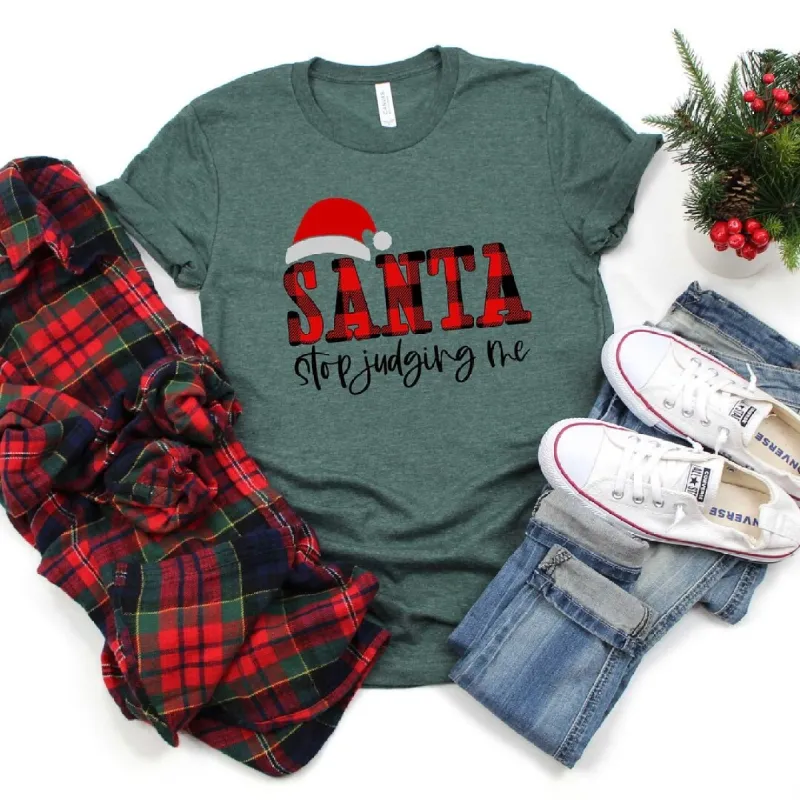 Santa Stop Judging Me Plaid Short Sleeve Tee sold by Zulily