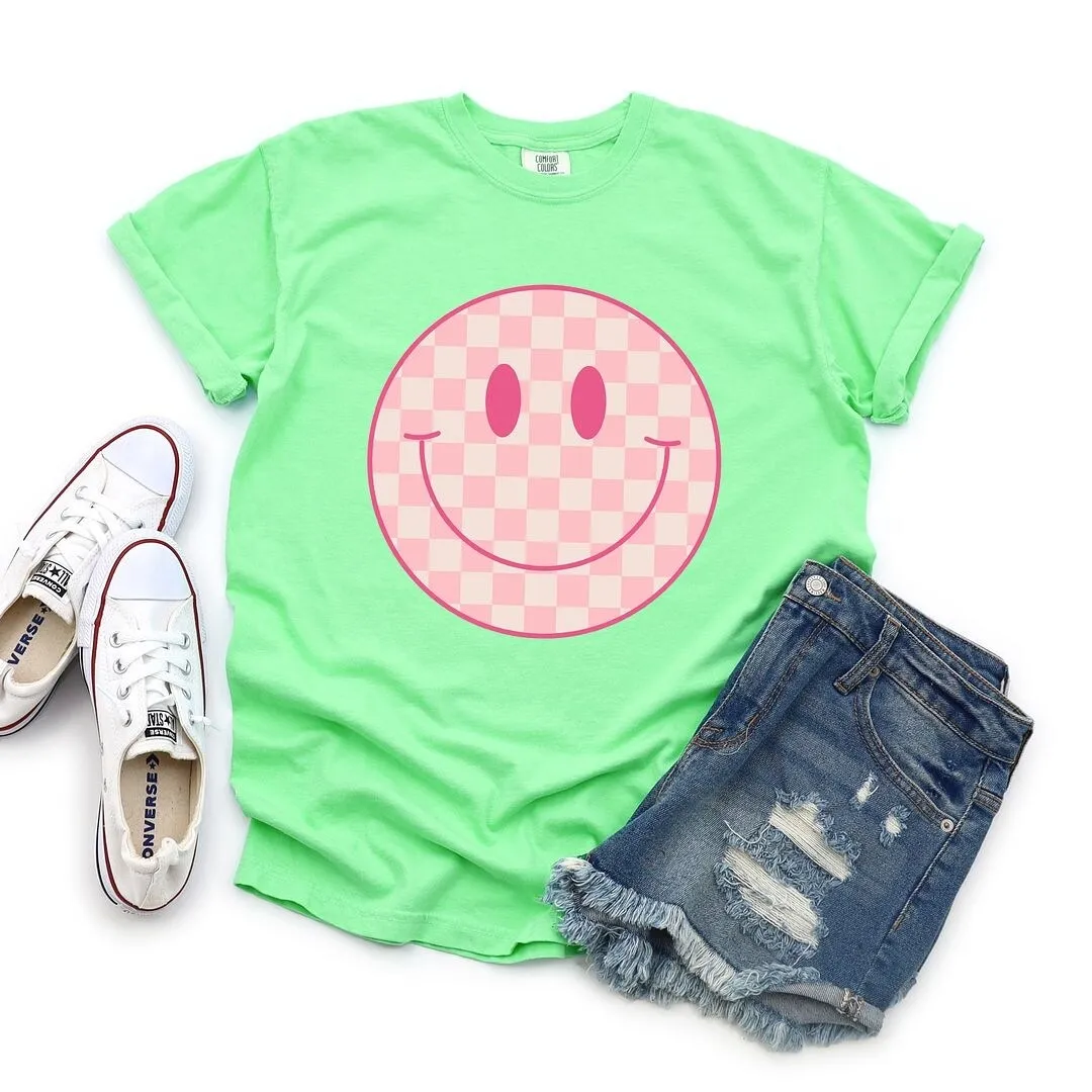 Pink Checker Smiley Face Garment Dyed Tee sold by Zulily