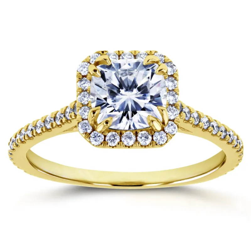 Annello by Kobelli 14k Yellow Gold Forever One Cushion Moissanite and 1/3ct TDW Diamond Halo Engagement Ring (GH, I1-I2) sold by Zulily