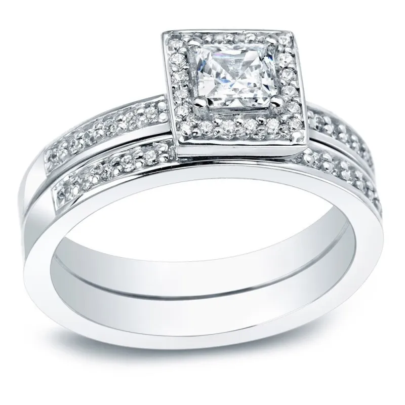 Auriya 14k Gold 1 1/2ctw Princess-cut Halo Diamond Engagement Ring Set sold by Zulily