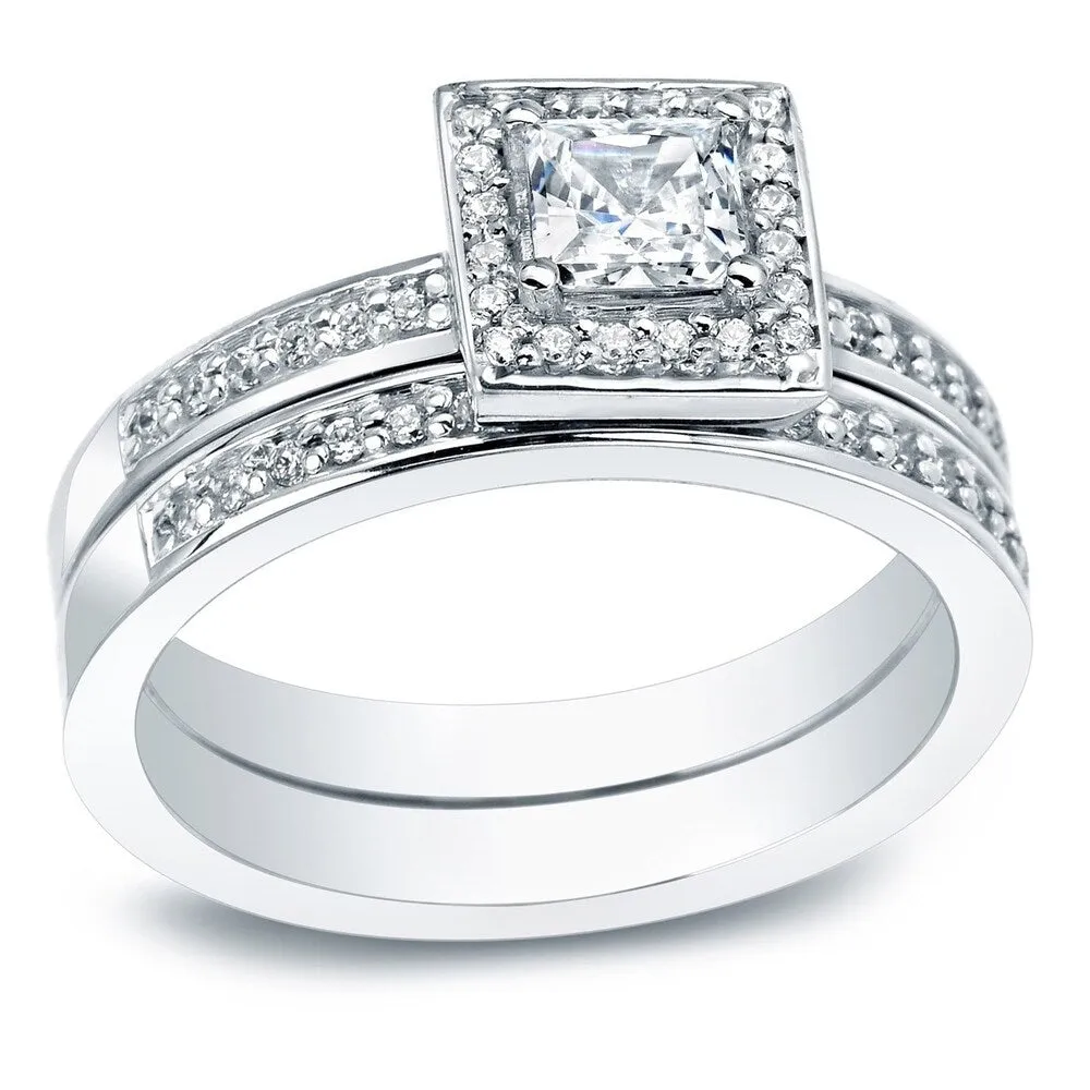 Auriya 14k Gold 1 1/2ctw Princess-cut Halo Diamond Engagement Ring Set sold by Zulily