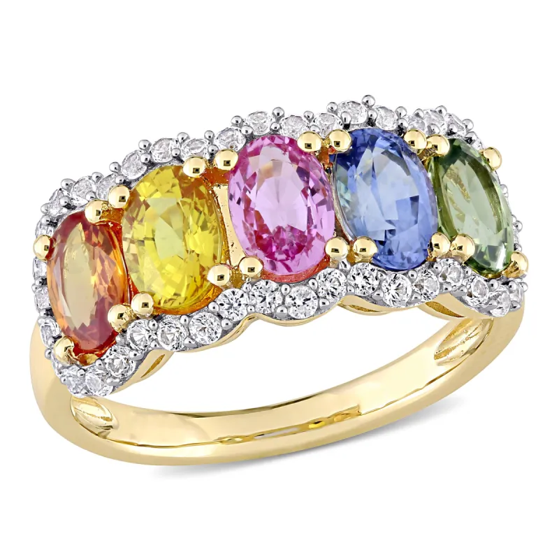 Miadora 3 1/3ct TGW Multi-Color Sapphire 5-Stone Halo Ring in 14k Yellow Gold sold by Zulily