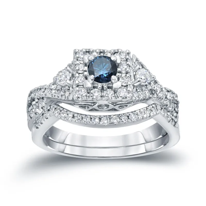 Auriya 3/4ctw Vintage Inspired Blue 3-Stone Halo Diamond Engagement Ring Set 14k Gold sold by Zulily