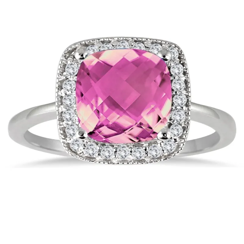 1.65 Carat Cushion Cut Pink Topaz and Diamond Ring in 14K White Gold sold by Zulily