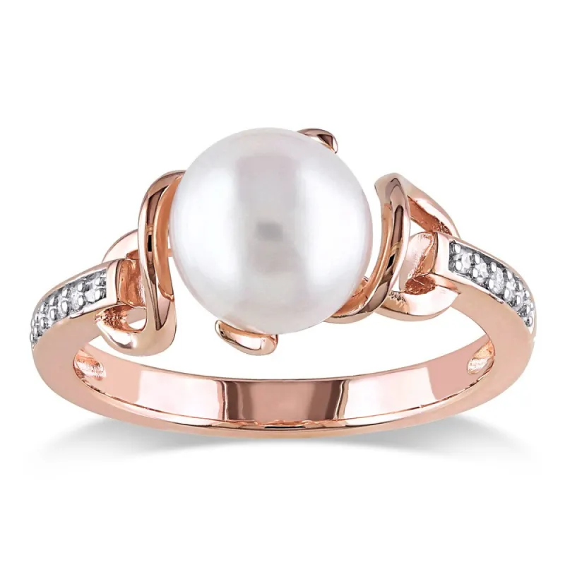 Miadora Rose Gold Plated Sterling Silver Cultured Freshwater Pearl and Diamond Solitaire Twist State - White sold by Zulily