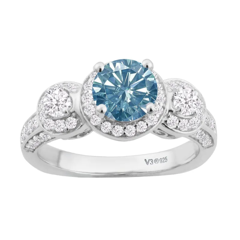 Sterling Silver with Blue Moissanite & White Diamond Three Stone Ring sold by Zulily