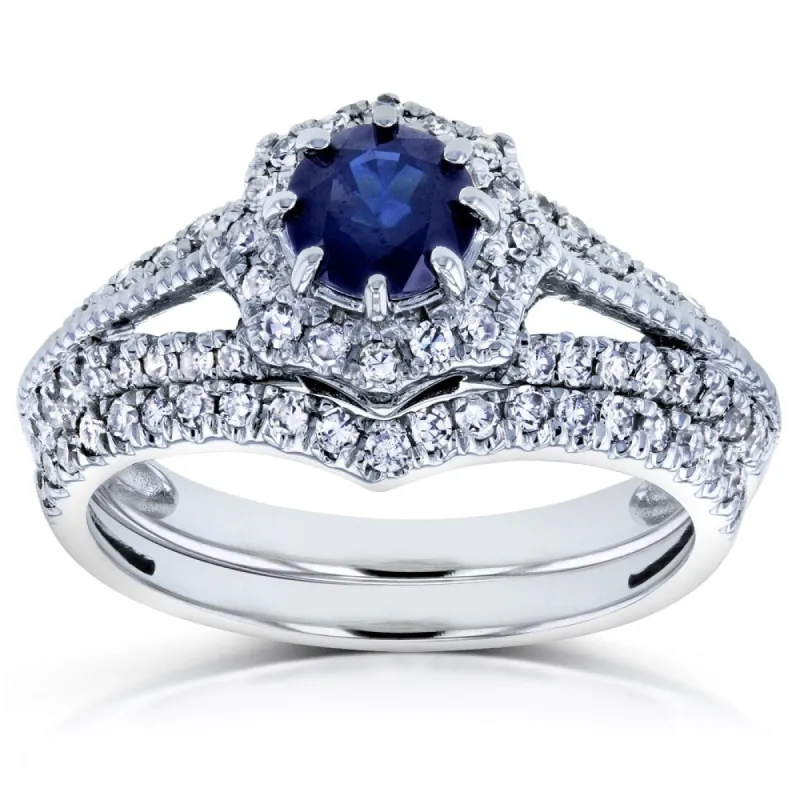 Annello by Kobelli 14k White Gold 1ct TGW Sapphire and Diamond Star Halo Chevron Bridal Rings Set sold by Zulily