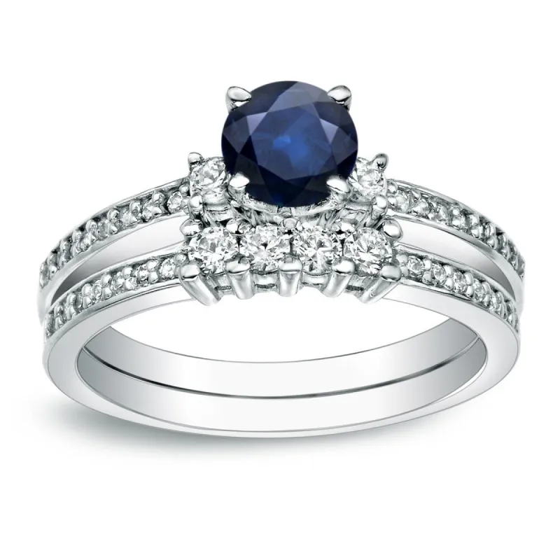 Auriya 1/2ct Blue Sapphire and 1/2ctw 3 Stone Diamond Engagement Ring Set Platinum sold by Zulily