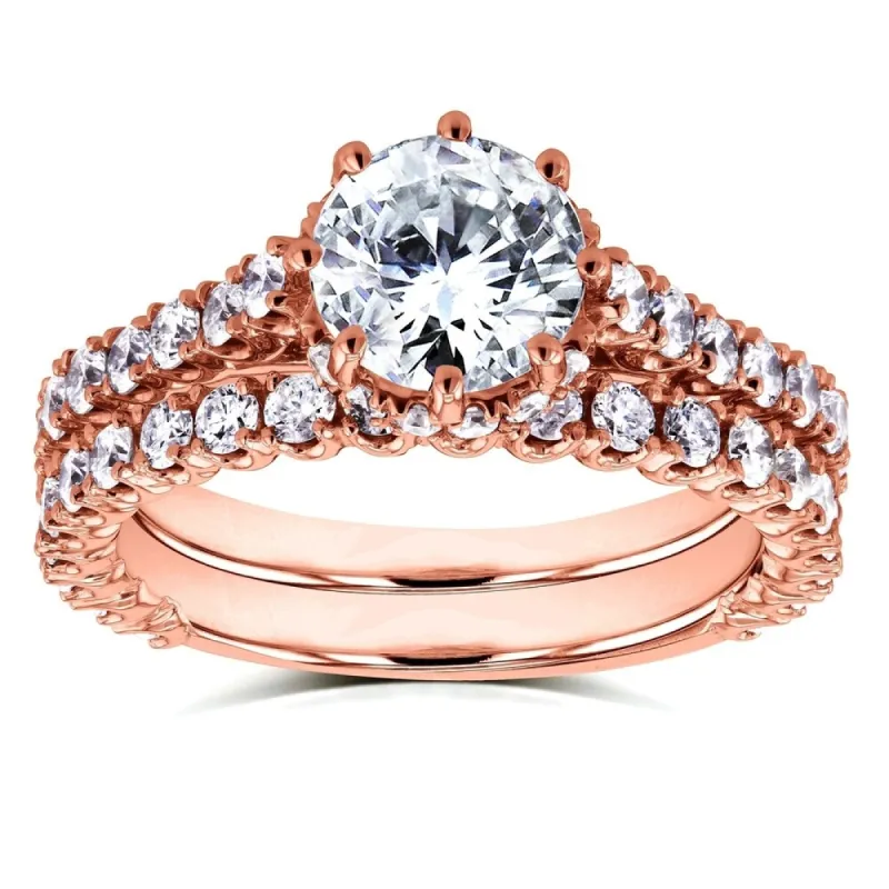 Annello by Kobelli 14k Rose Gold 2 1/10ct TDW Round Brilliant Diamond 8-Prong Center Standing Halo Bridal Set (H-I, I1-I2) sold by Zulily