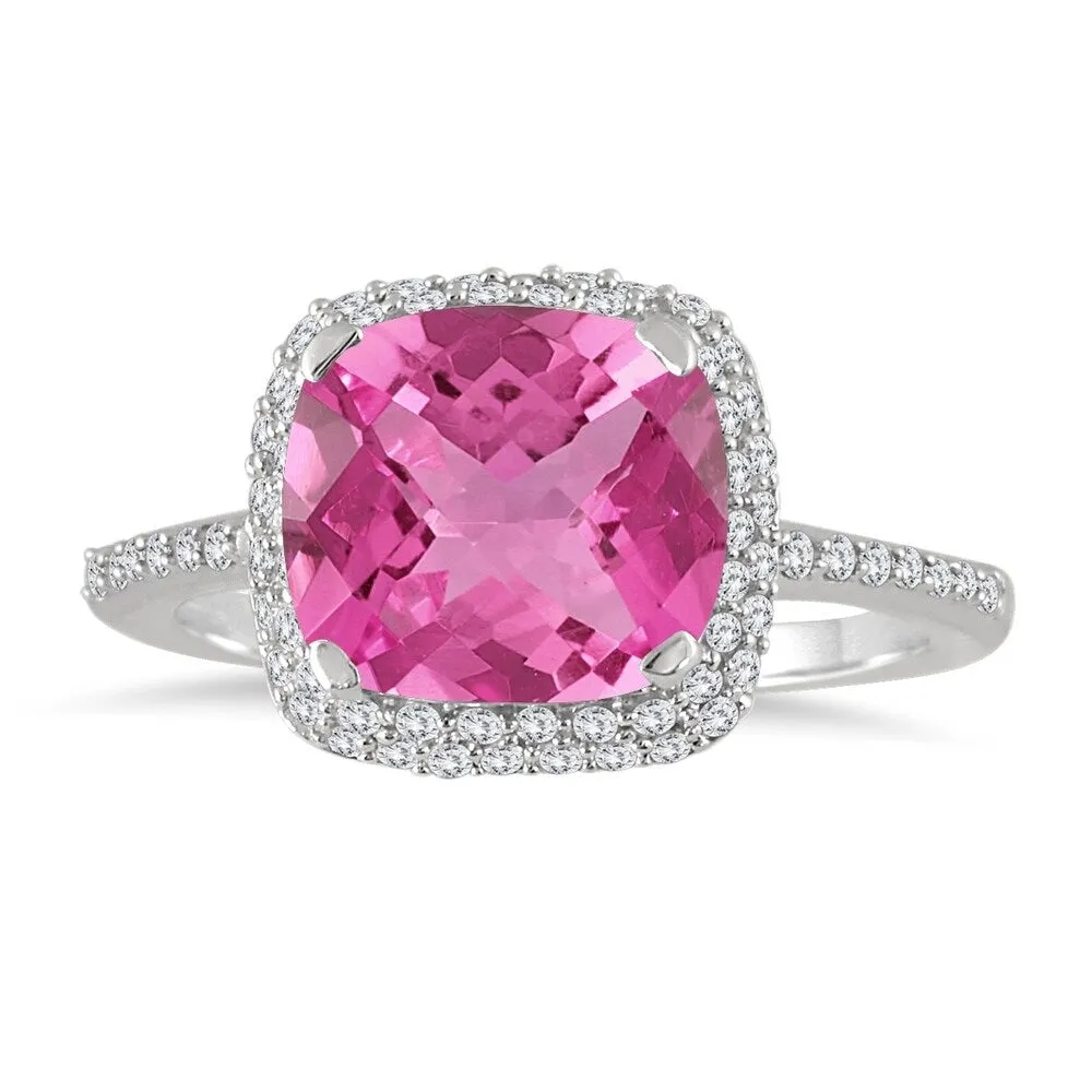 3 1/2 Carat Cushion Cut Pink Topaz and Diamond Halo Ring in 10K White Gold sold by Zulily