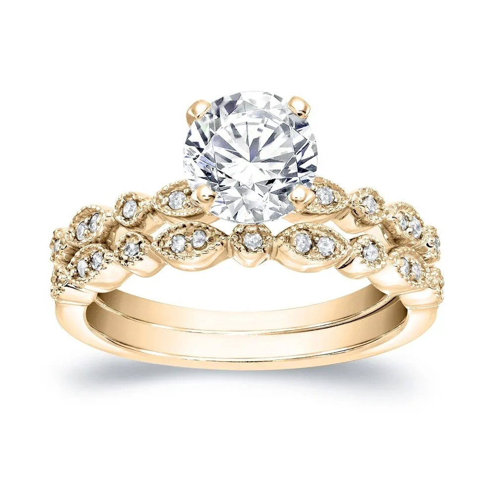 Auriya Stackable Vintage 3ct Round Moissanite Engagement Ring Set with Diamond Accents 14K Gold sold by Zulily product image thumbnail 2