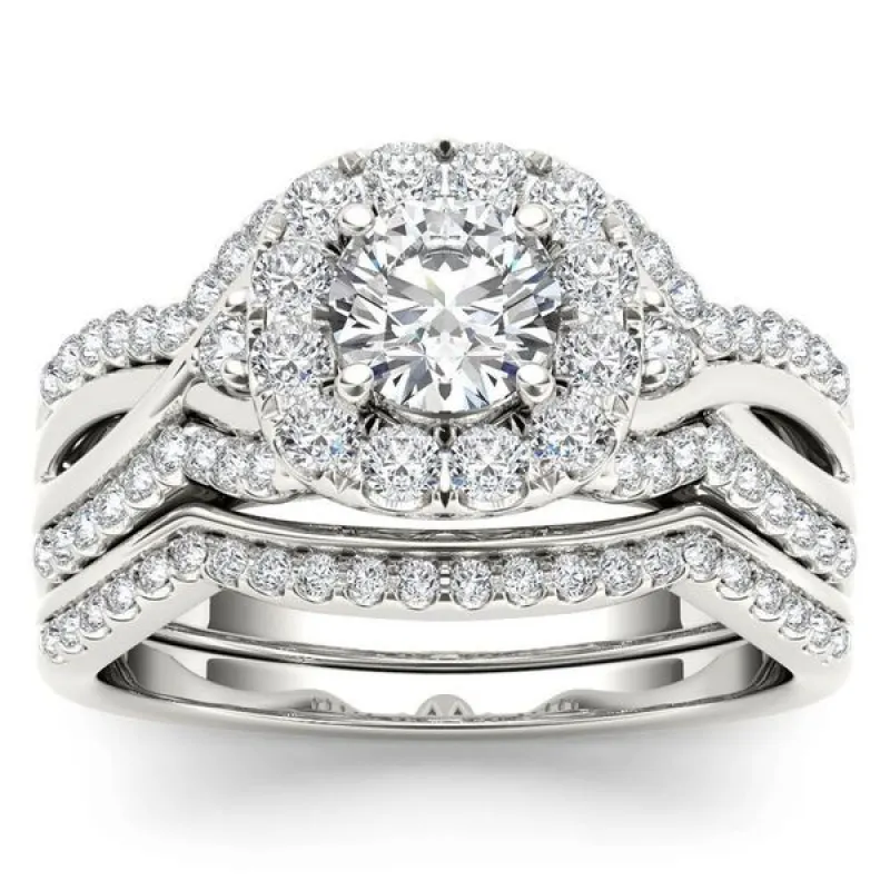 De Couer 14k White Gold 1 1/4ct TDW Diamond Halo Engagement Ring Set with One Band sold by Zulily