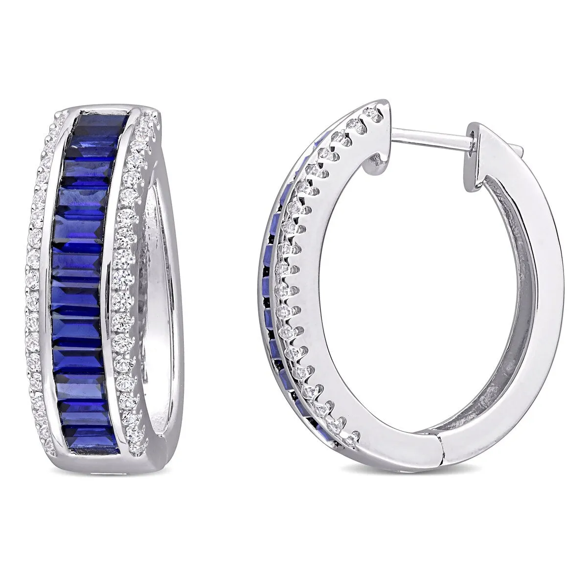 Miadora Sterling Silver Baguette and round-cut Created Blue & White Sapphire Halo Hoop Earrings - 23.5mm x 7.2mm x 20mm sold by Zulily
