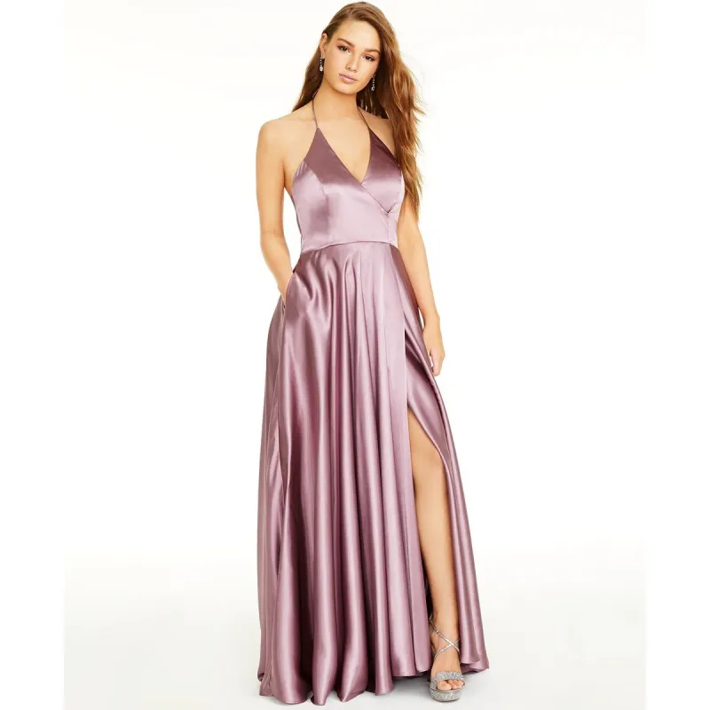 Blondie Nites Women's Side-Slit Halter Gown Purple Size Small sold by Zulily