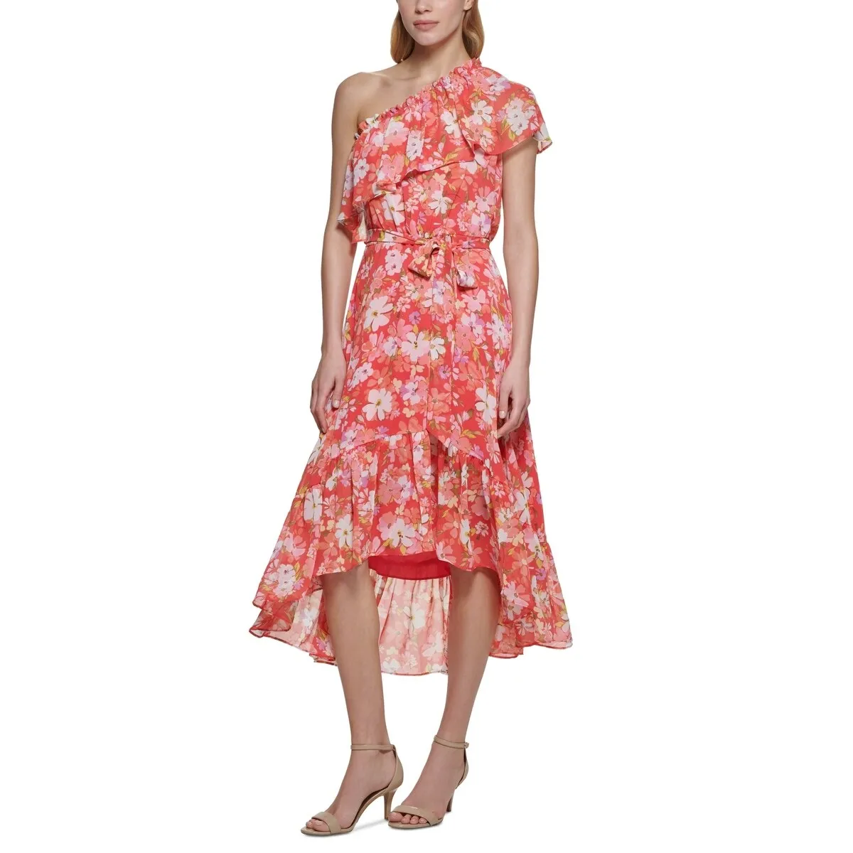 Vince Camuto Women's Floral One Shoulder High Low Dress Orange sold by Zulily
