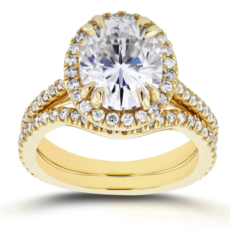 Annello by Kobelli 14k Yellow Gold 3ct Oval Moissanite and 3/5ct TDW Diamond Halo 2-Piece Bridal Set sold by Zulily