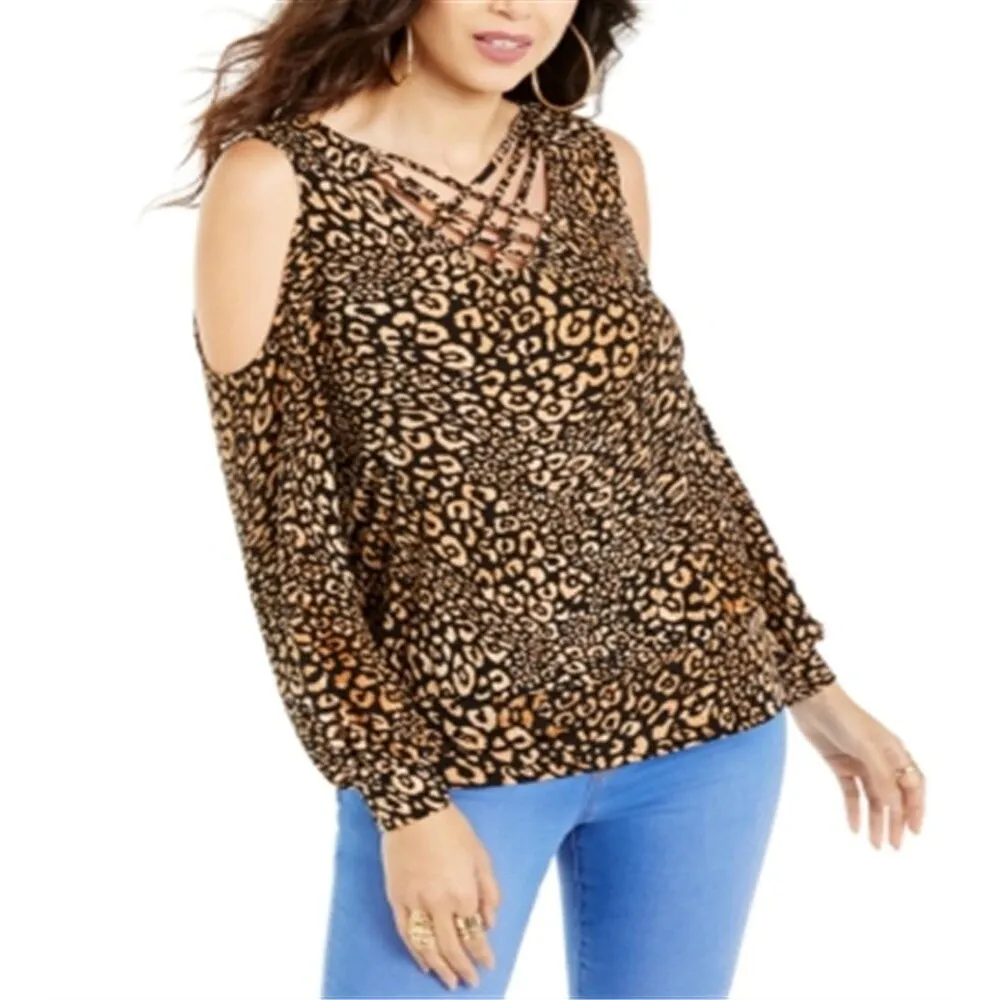 Thalia Sodi Animal-Print Strappy Cold-Shoulder Top Yellow Size Large sold by Zulily