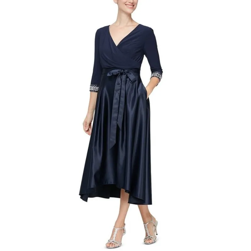 Alex Evenings Women's Surplice Neck Tea Length Dress Blue Size 6 Petite made by Alex Evenings