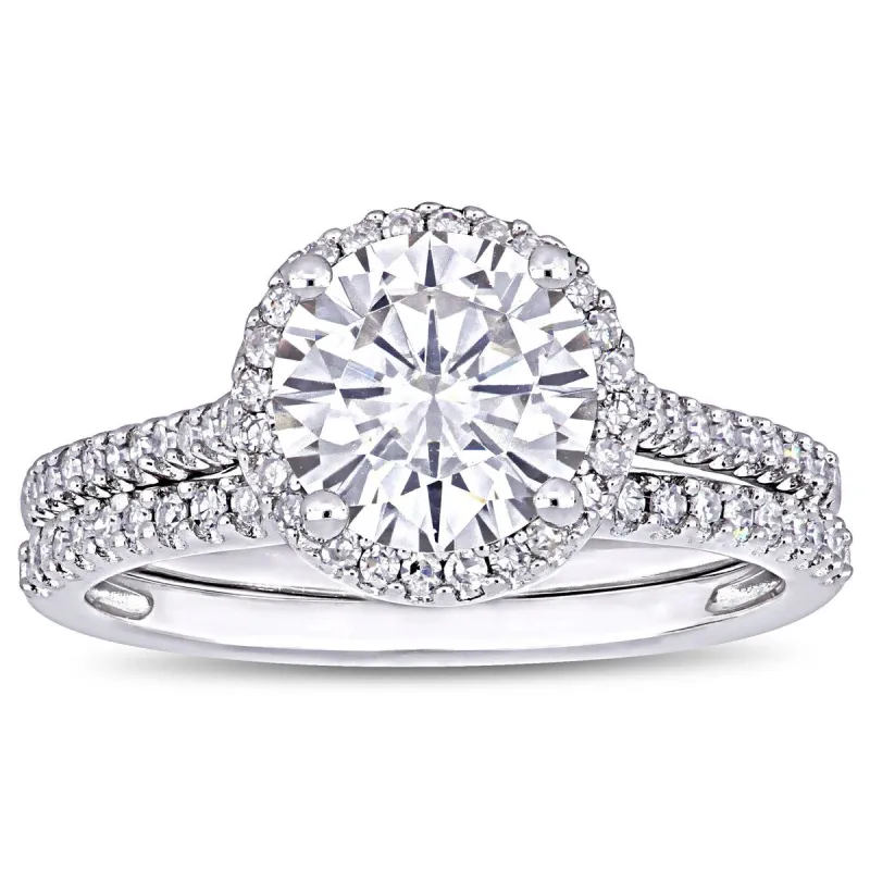 Miadora 2ct DEW Moissanite and 1/3ct TDW Diamond Halo Bridal Ring Set in 14k White Gold sold by Zulily