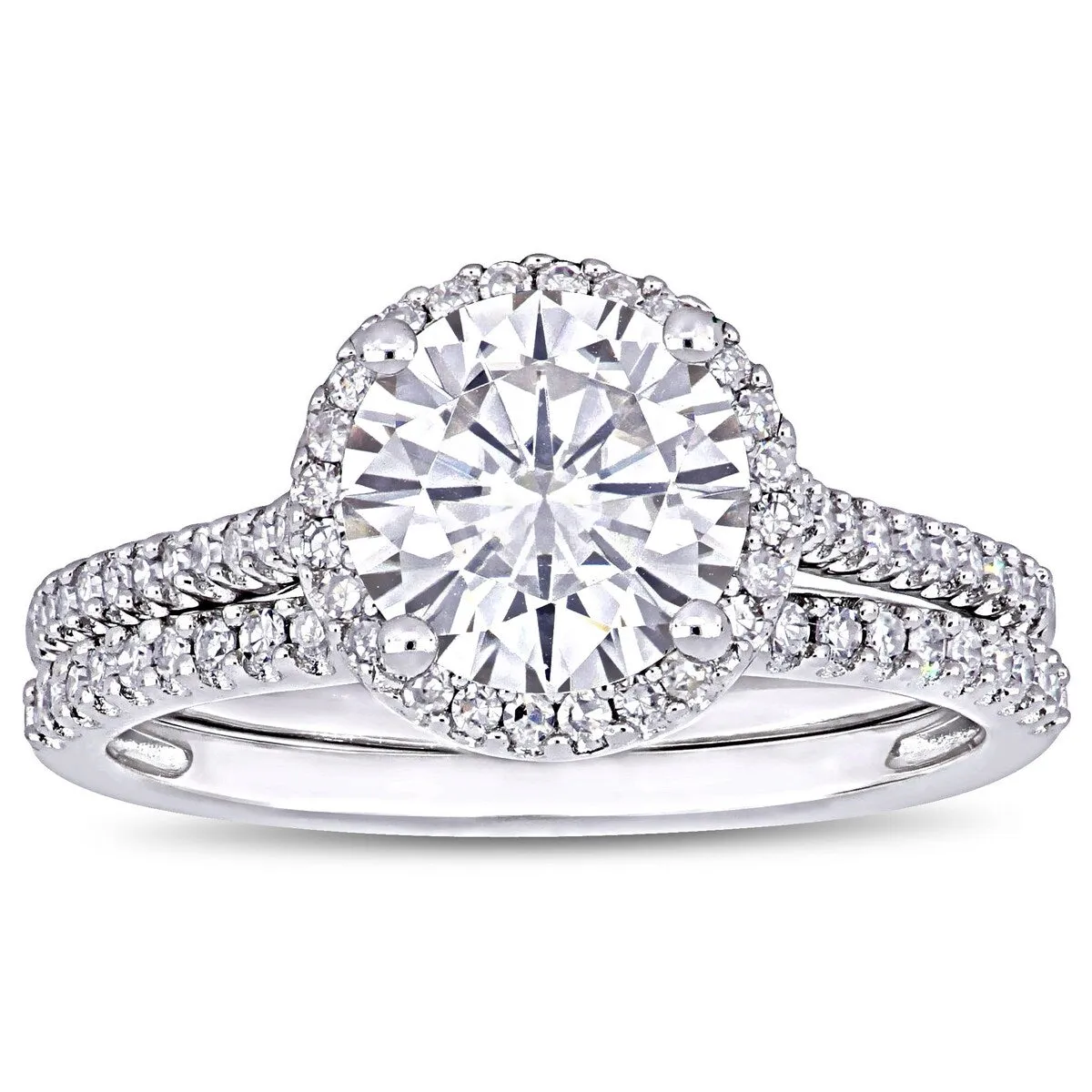 Miadora 2ct DEW Moissanite and 1/3ct TDW Diamond Halo Bridal Ring Set in 14k White Gold sold by Zulily