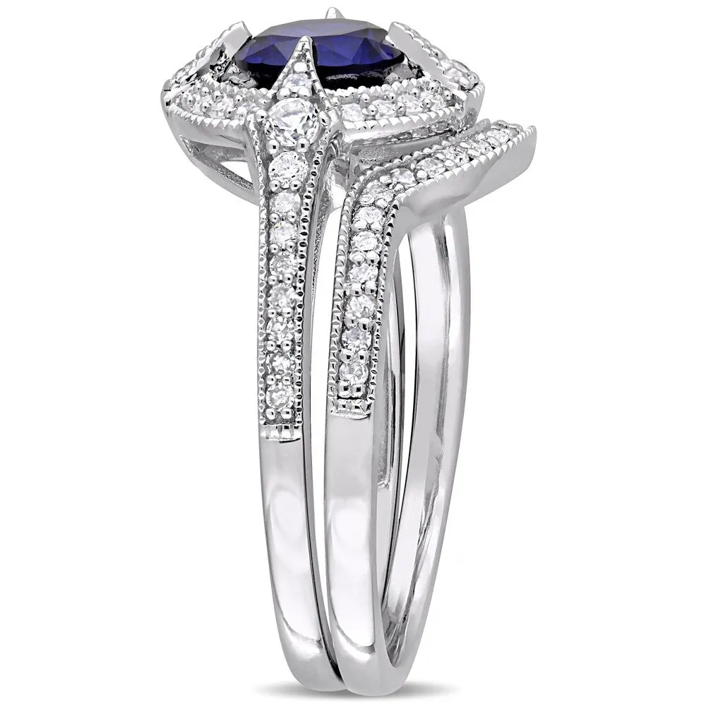 Miadora Sterling Silver Created Blue and White Sapphire 1/3ct TDW Diamond Halo Bridal Ring Set sold by Zulily product image thumbnail 3