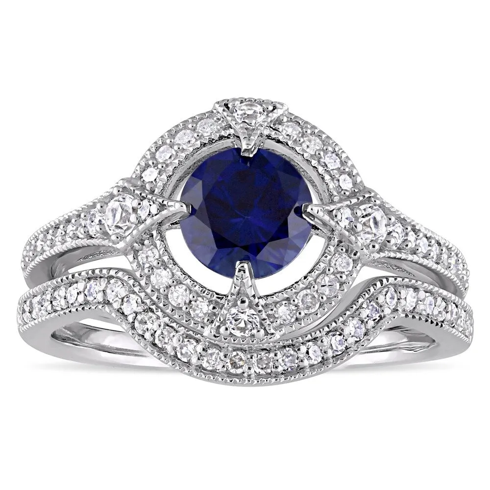 Miadora Sterling Silver Created Blue and White Sapphire 1/3ct TDW Diamond Halo Bridal Ring Set sold by Zulily product image thumbnail 2