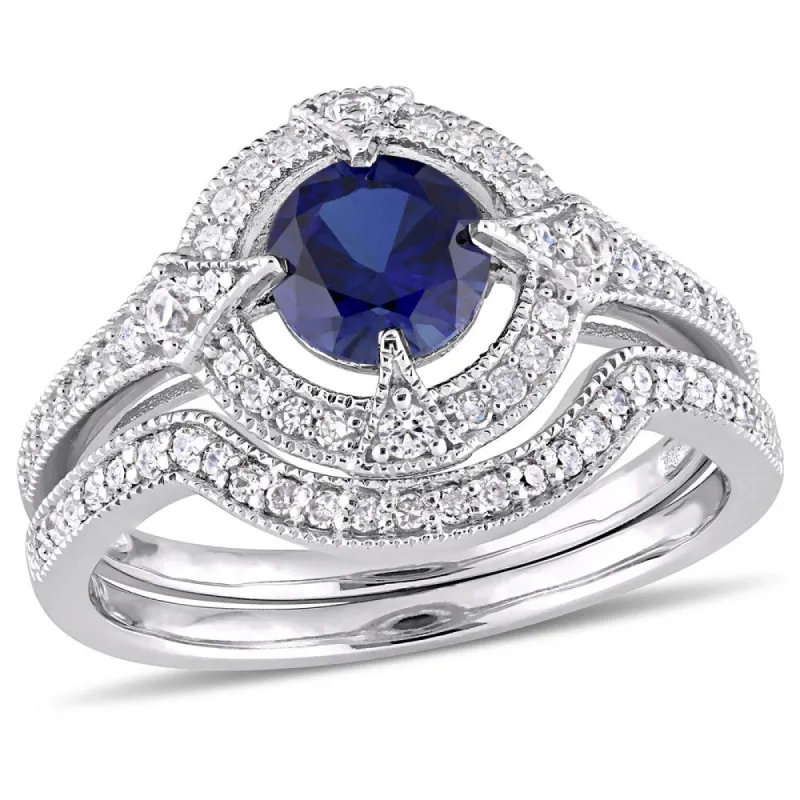 Miadora Sterling Silver Created Blue and White Sapphire 1/3ct TDW Diamond Halo Bridal Ring Set sold by Zulily