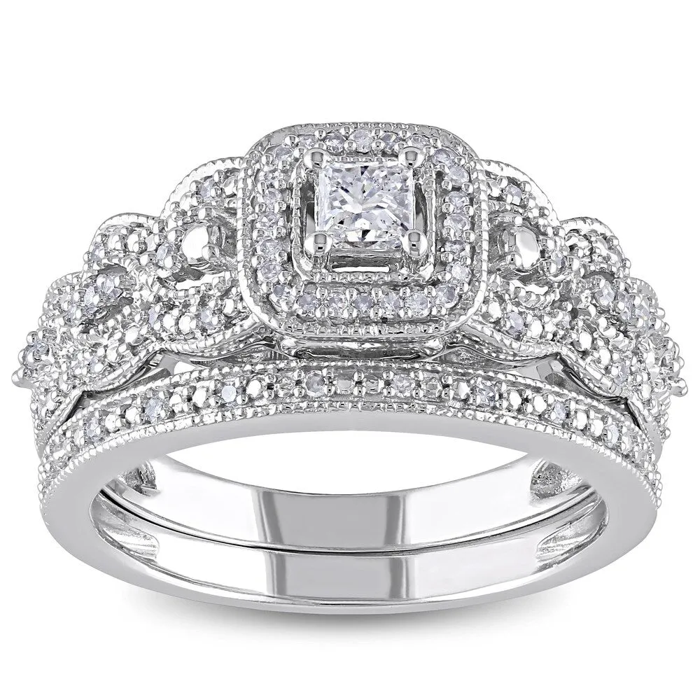 Miadora Signature 14k White Gold 1/2ct TDW Diamond Halo Bridal Ring Set sold by Zulily product image thumbnail 4