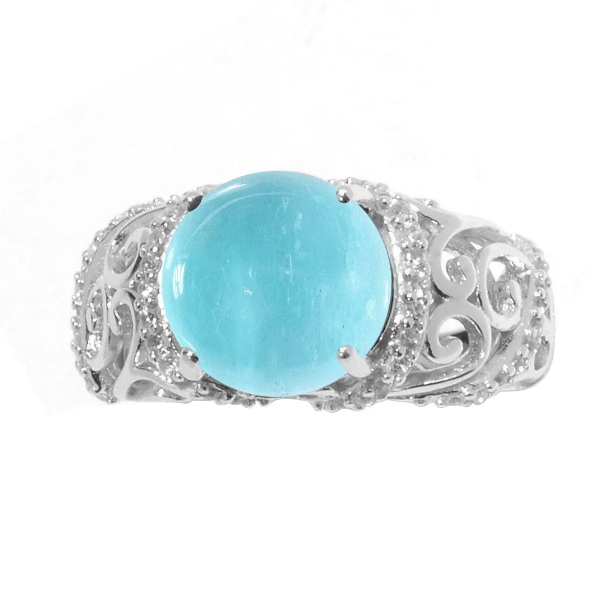 Sterling Silver with Cabochon Aquamarine, White Zircon Scrollwork Ring sold by Zulily