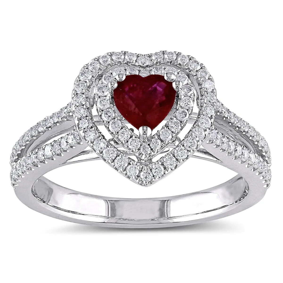 Miadora 14k White Gold Ruby and 3/8ct TDW Diamond Heart Double Halo Split Shank Engagement Ring sold by Zulily product image thumbnail 2
