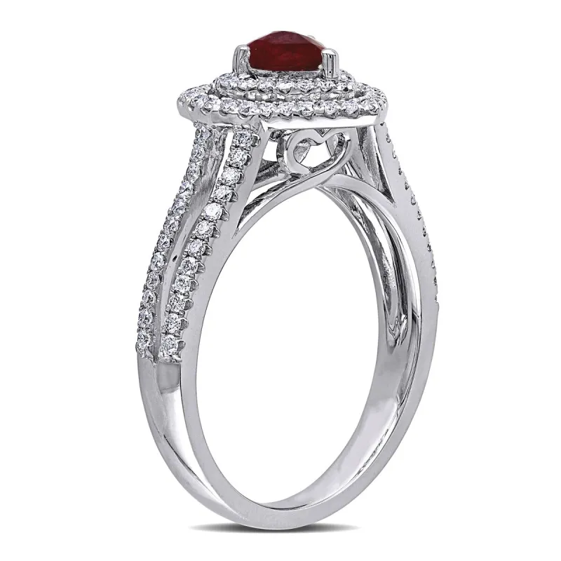 Miadora 14k White Gold Ruby and 3/8ct TDW Diamond Heart Double Halo Split Shank Engagement Ring sold by Zulily