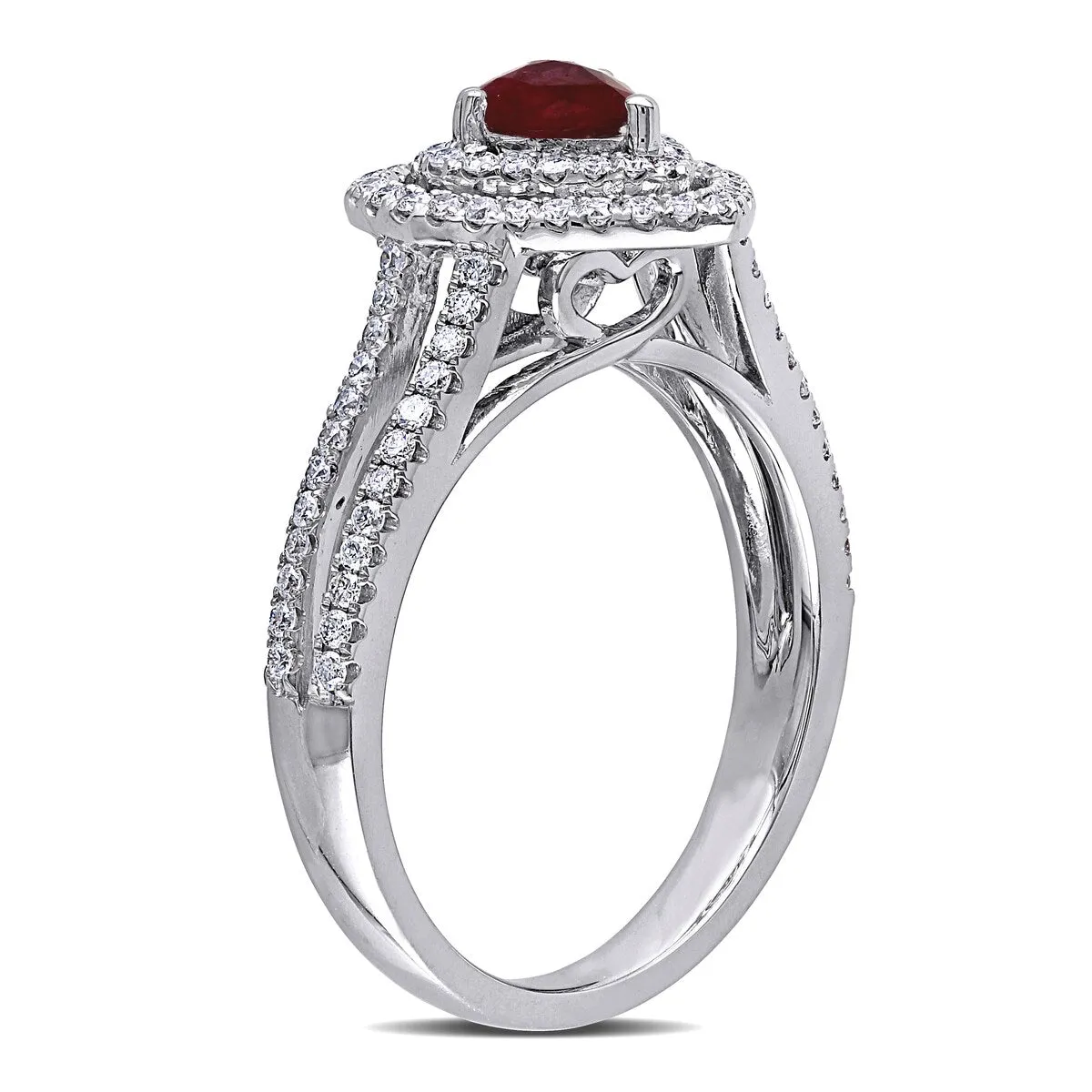 Miadora 14k White Gold Ruby and 3/8ct TDW Diamond Heart Double Halo Split Shank Engagement Ring sold by Zulily