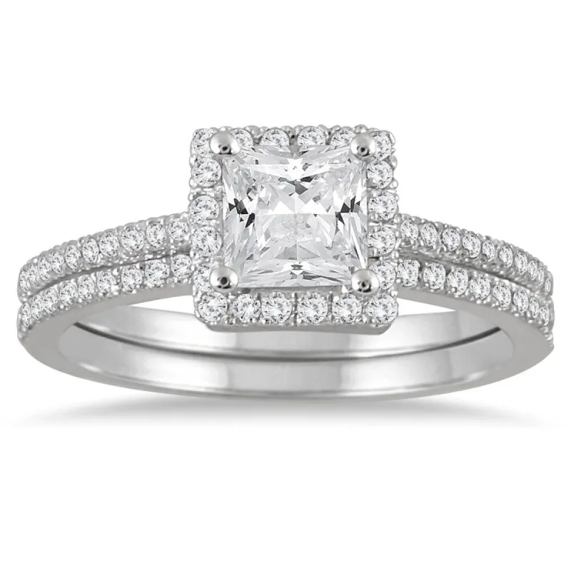 1 1/6 Carat TW Halo Princess Cut Diamond Bridal Set in 14K White Gold sold by Zulily