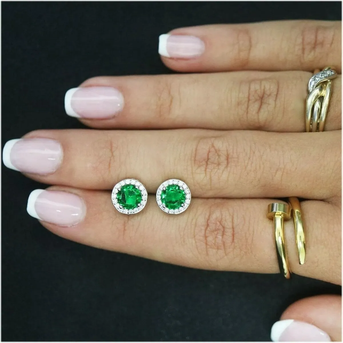 925 Sterling Silver Halo Round Cut Emerald Stud Earrings sold by Zulily product image thumbnail 2