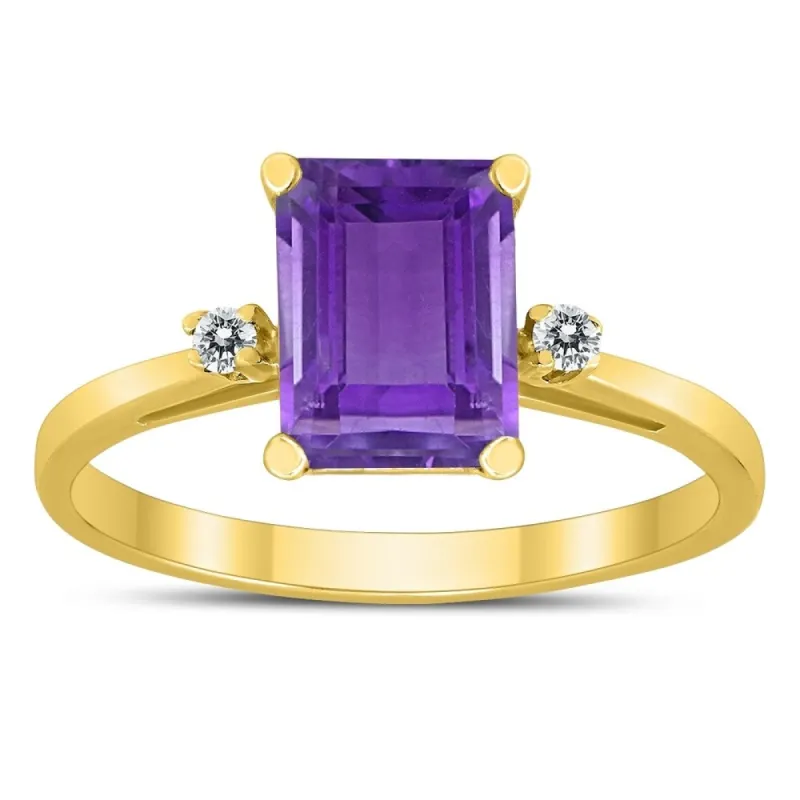Emerald Cut 8X6MM Amethyst and Diamond Three Stone Ring in 10K Yellow Gold sold by Zulily