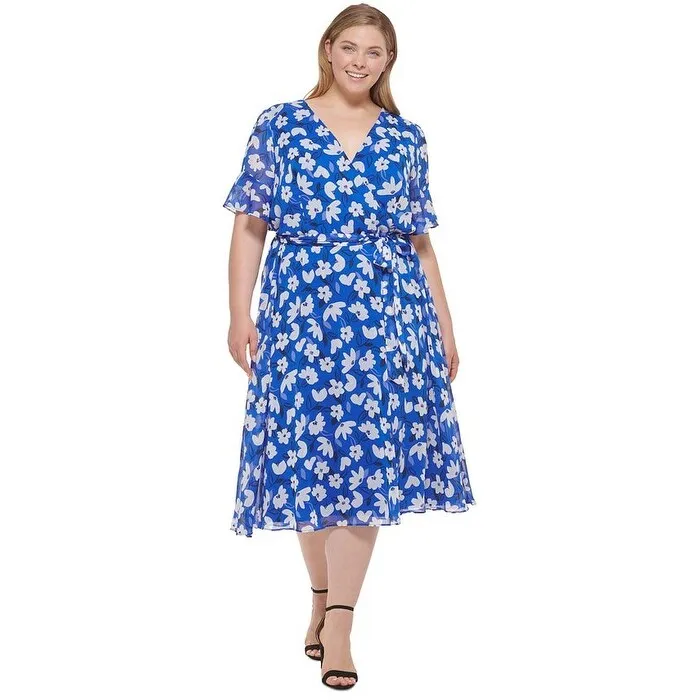 DKNY Women's Floral Print Faux Wrap Dress Blue Size 22W sold by Zulily