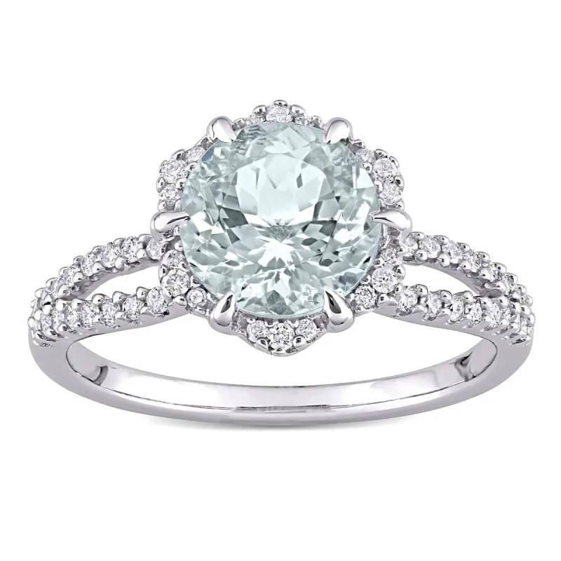 Miadora 14k White Gold Aquamarine and 1/3ct TDW Diamond Floral Halo Split Shank Engagement Ring sold by Zulily