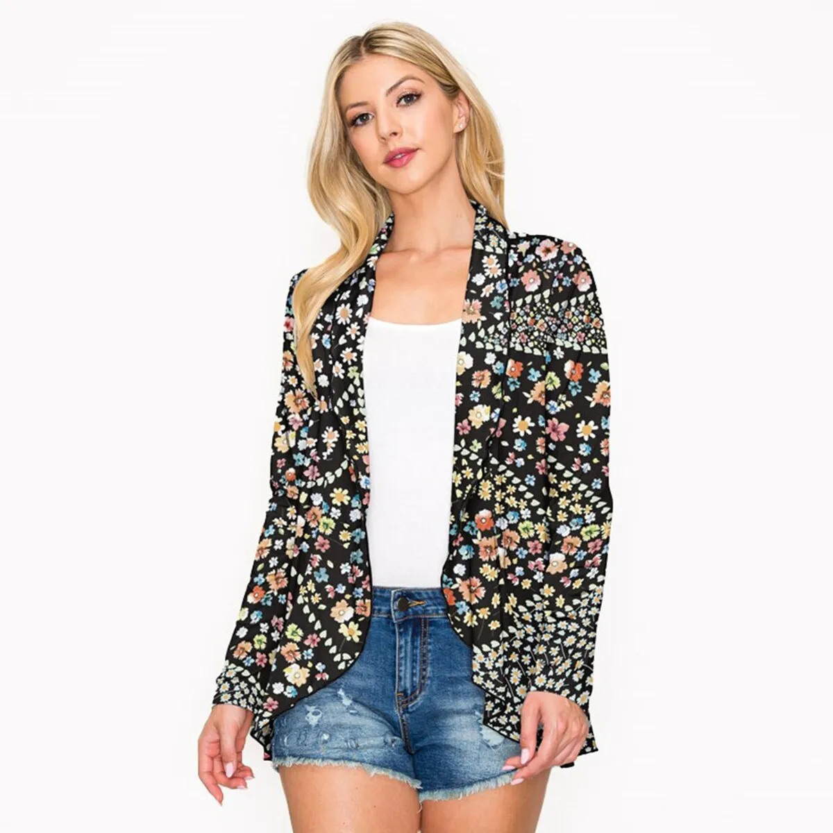 Black Floral Print Open Front Long Sleeve Cardigan sold by Zulily