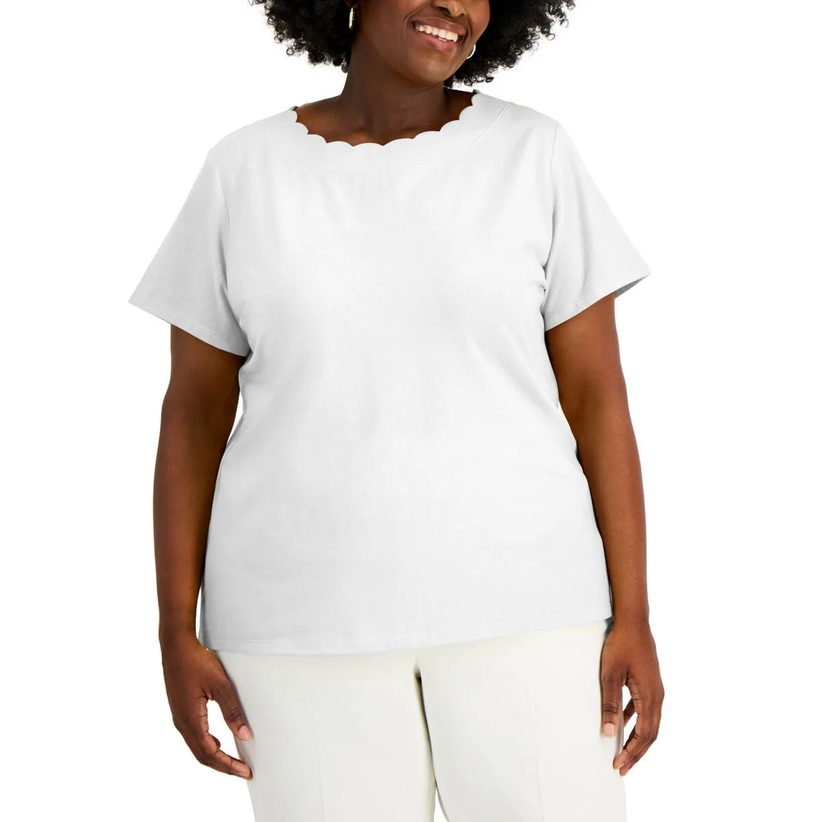 Anne Klein Women's Scalloped Short Sleeve Round Neck T-Shirt White Size 3X sold by Zulily