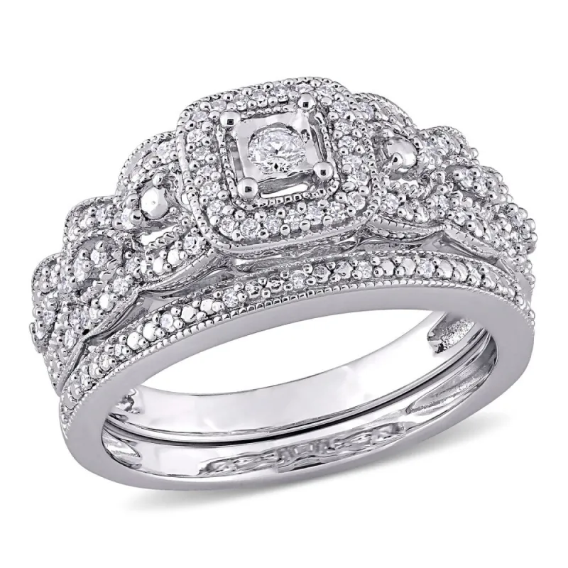 Miadora Sterling Silver 1/3ct TDW Diamond Vintage Halo Wedding Ring Set sold by Zulily