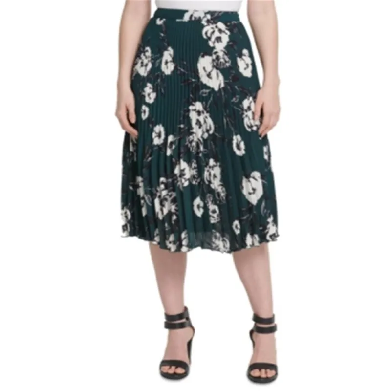 DKNY Women's Floral Print Pleated MIDI Skirt Green Size 10 made by DKNY