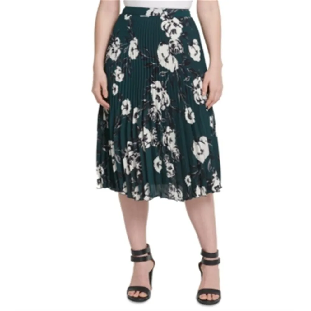 DKNY Women's Floral Print Pleated MIDI Skirt Green Size 10 sold by Zulily