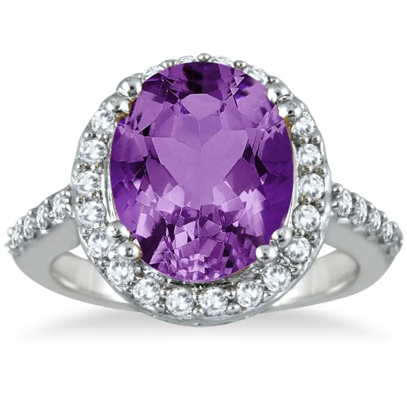 5 Carat Amethyst and Diamond Halo Ring in 14K White Gold sold by Zulily
